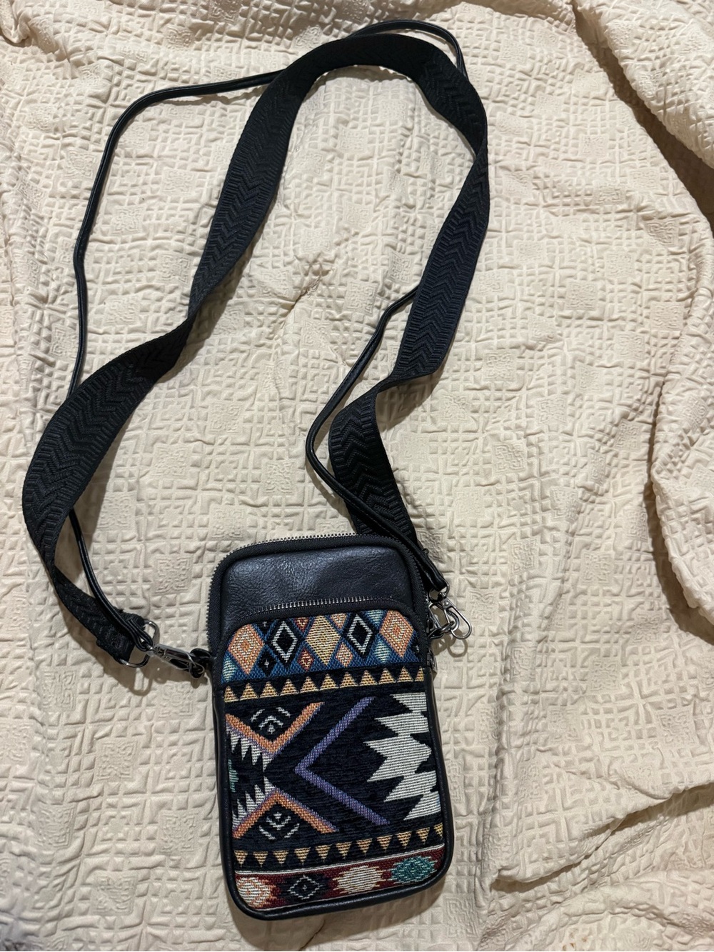 Black Crossbody Phone Bag with Multicolor Aztec Panel